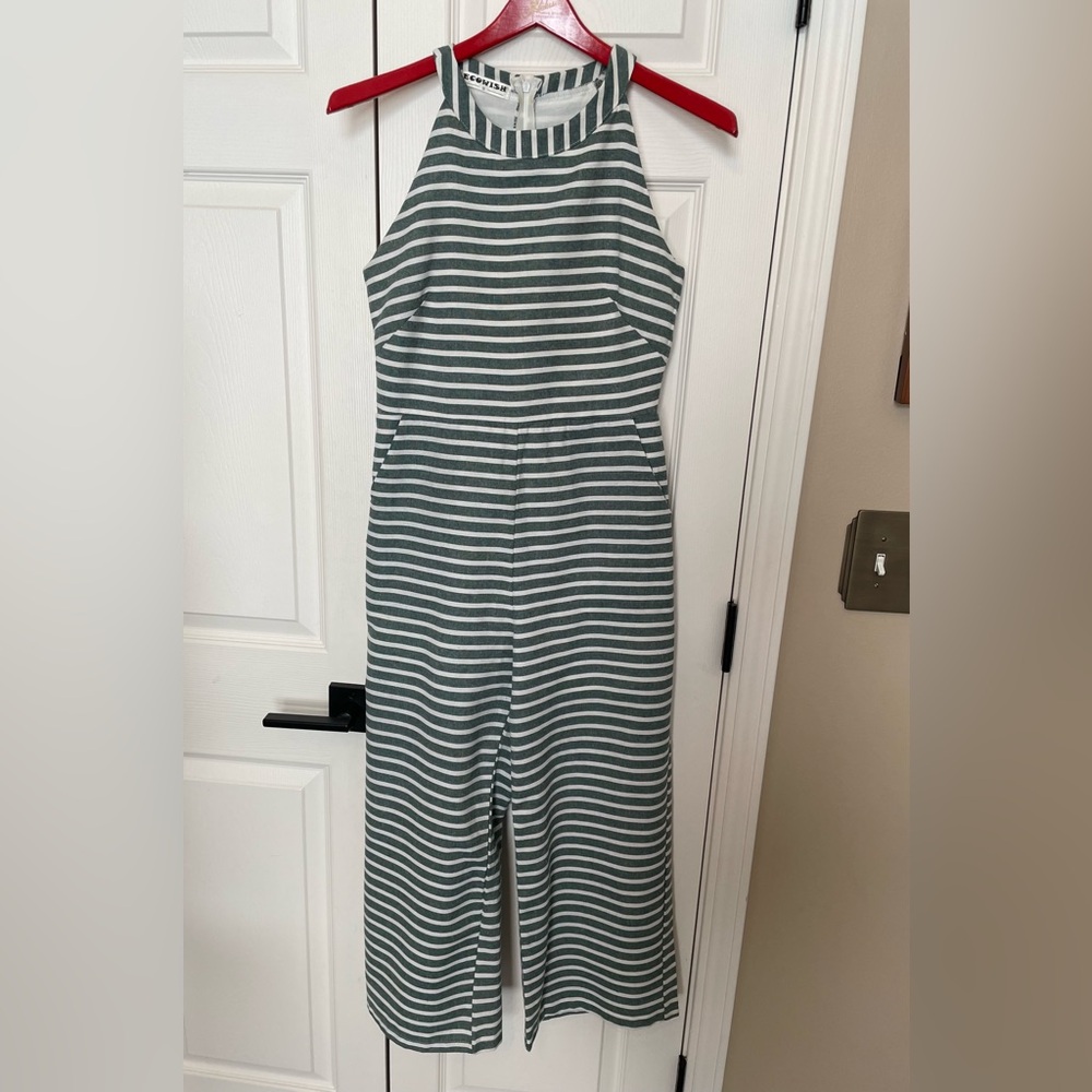 Ecowish Green & White Striped Linen Look‎ Jumpsuit Size Small